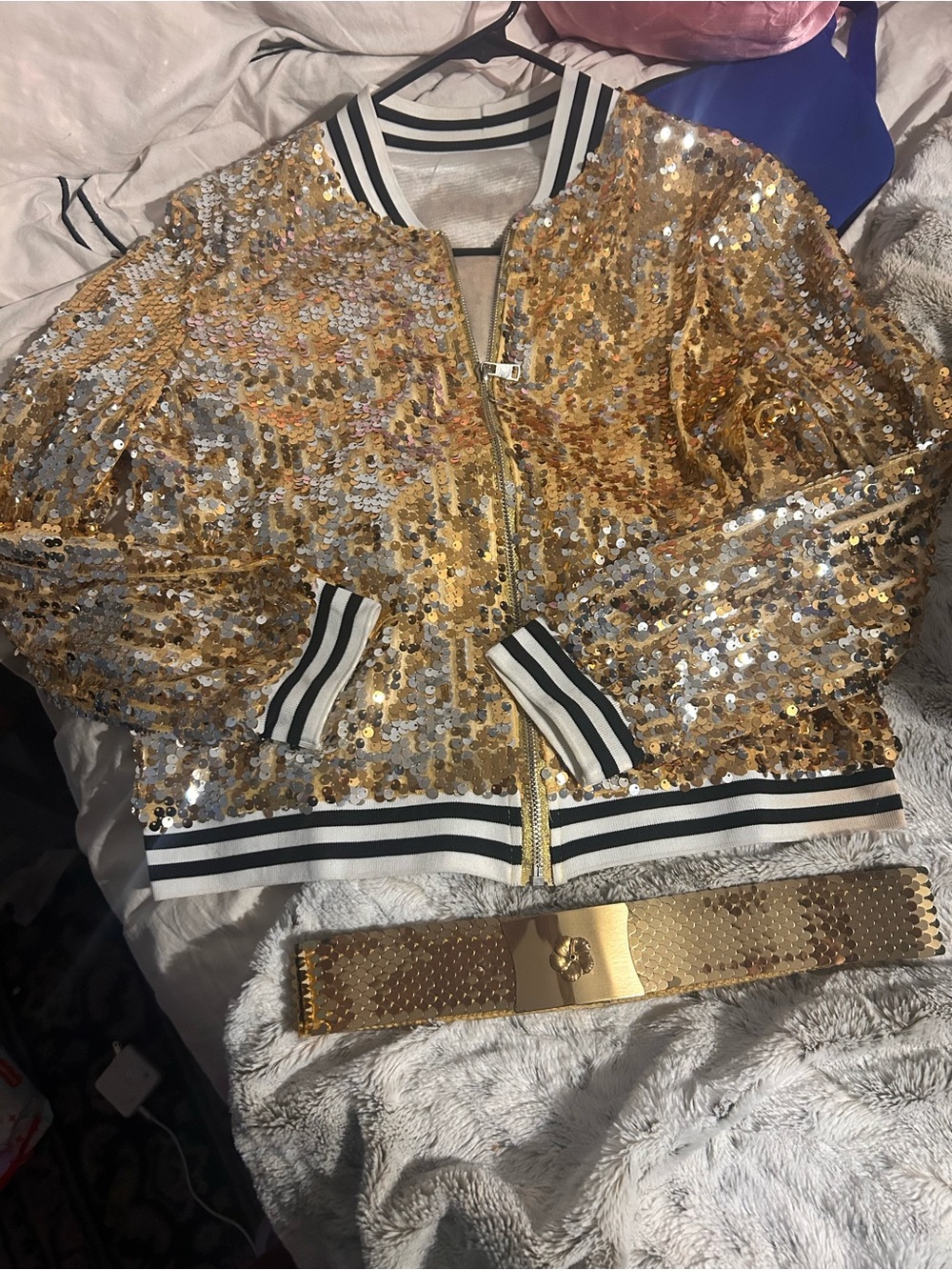 Gold Sequin Bomber Jacket with Striped Trim sleeves w/ gold custom vintage belt